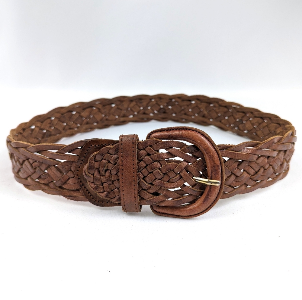 Leather Wide Belt Braided Woven Big Buckle Boho Y2K 2000s Cowgirl Cognac Brown